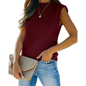 Women's Mock Neck Knit Sweater Vest Sleeveless Casual Trendy Summer Ribbed Pullover Tank Tops