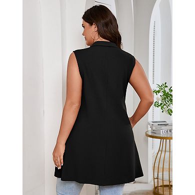 Women's Plus Size Long Blazers Vest Sleeveless with Pockets