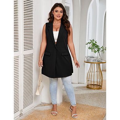 Women's Plus Size Long Blazers Vest Sleeveless with Pockets