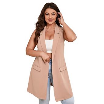 Women's Plus Size Long Blazers Vest Sleeveless with Pockets