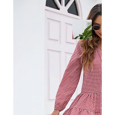 Women's Long Sleeve V-Neck Button Front Ruffle Hem Shirred Vintage Elegant Dresses