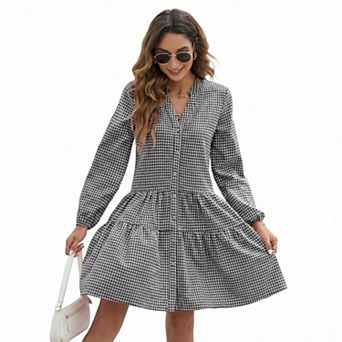 Women's Long Sleeve V-Neck Button Front Ruffle Hem Shirred Vintage Elegant Dresses