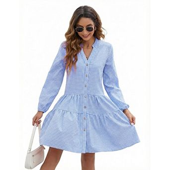 Women's Long Sleeve V-Neck Button Front Ruffle Hem Shirred Vintage Elegant Dresses
