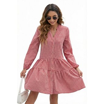 Women's Long Sleeve V-Neck Button Front Ruffle Hem Shirred Vintage Elegant Dresses