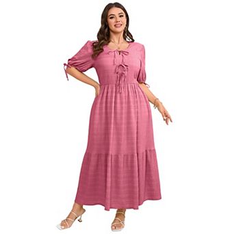 Women's Plus Size Short Sleeve V-Neck Bowknot Tie Front Midi Dress