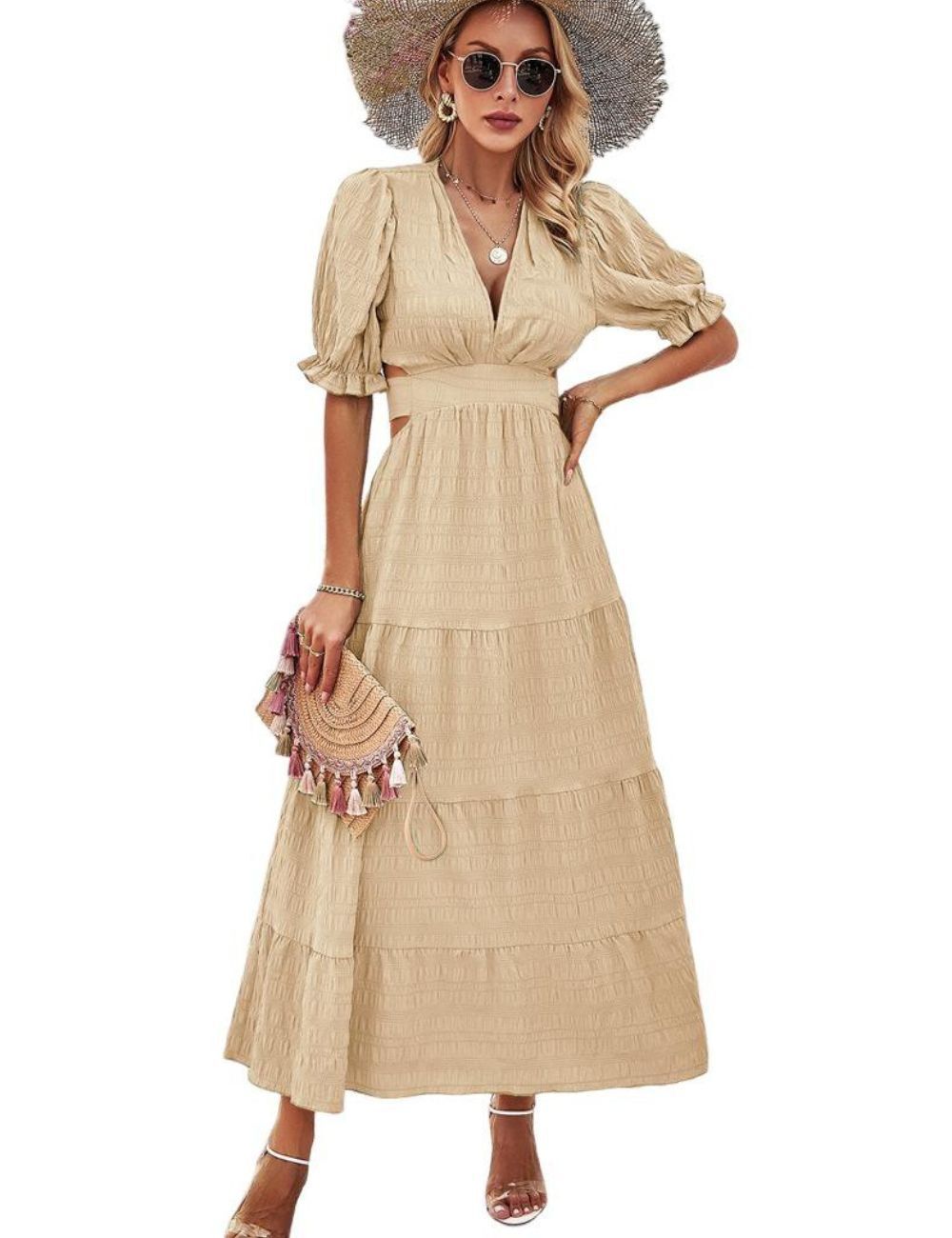 Женские платья V-Neck Cutout Waist Tiered Maxi Dress Puff Sleeve Solid Color Casual Dress