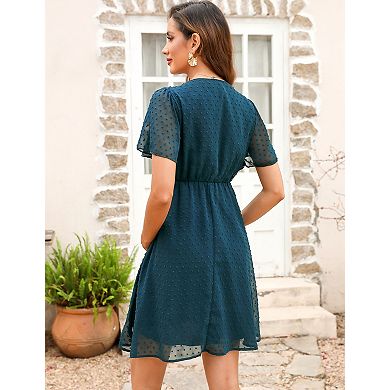 Women's Short Sleeve Polka Dot V-Neck Maternity Dress with Lining Breathable