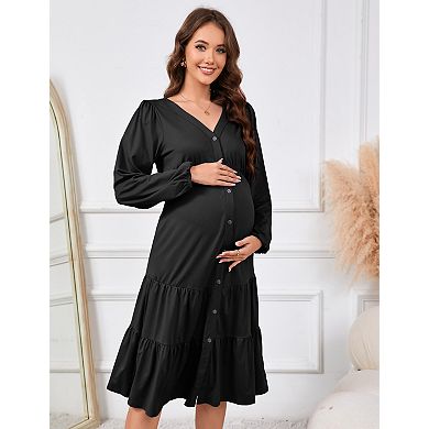 Women's Maternity Button Down V-Neck Long Sleeve Flowy Dress