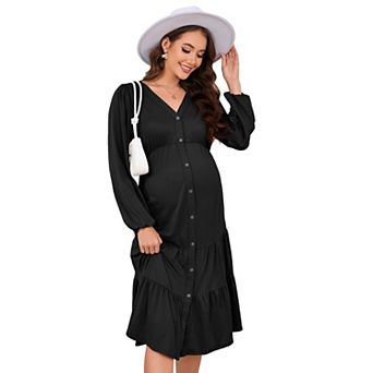 Women's Maternity Button Down V-Neck Long Sleeve Flowy Dress