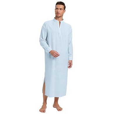 Men's Button Down Casual Long Sleeve Robe Side Split Gown Shirt Tops