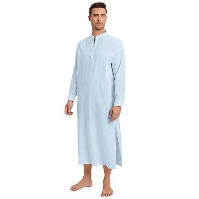 Men's Button Down Casual Long Sleeve Robe Side Split Gown Shirt Tops