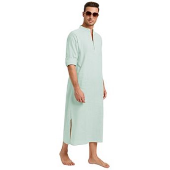Men's Button Down Casual Long Sleeve Robe Side Split Gown Shirt Tops