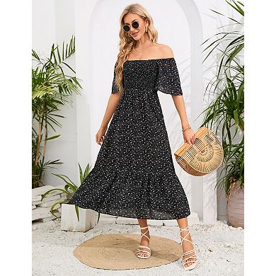 Womens Short Sleeve Square Neck Boho Floral Casual Dress