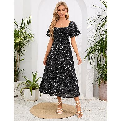 Womens Short Sleeve Square Neck Boho Floral Casual Dress
