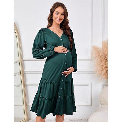 Women's Maternity Button Down V-Neck Long Sleeve Flowy Dress