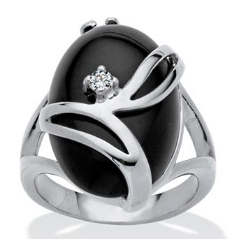 Oval-Shaped Onyx & Crystal Accent Cocktail Ring in Platinum-Plated