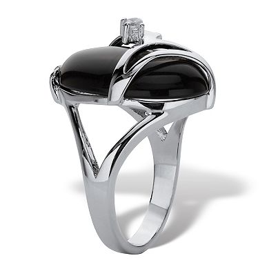 Oval-Shaped Onyx & Crystal Accent Cocktail Ring in Platinum-Plated
