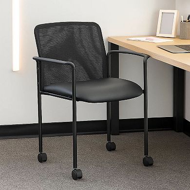 Vayu Stackable Guest Chair with Caster Wheels, Black Mesh and Caressoft Vinyl
