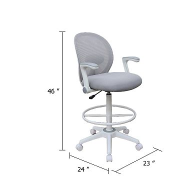 Swivel Office Stool, Flip-Up Arms and White Footring, Gray Mesh Back