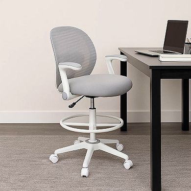 Swivel Office Stool, Flip-Up Arms and White Footring, Gray Mesh Back