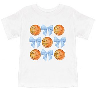 Basketball and Blue Bows Watercolor - Toddler Short Sleeve Graphic T-Shirt