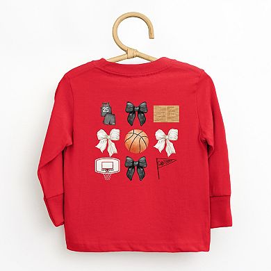 Watercolor Basketball Collage Coquette Front And Back Design - Toddler Long Sleeve Graphic Tee