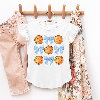 Basketball and Blue Bows Watercolor - Flutter Sleeve Graphic T-Shirt