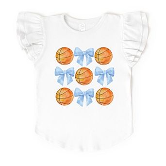 Basketball and Blue Bows Watercolor - Flutter Sleeve Graphic T-Shirt