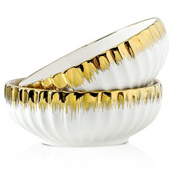 8" White Ceramic Salad Bowls with Trim, 60 Oz Capacity, for Soup, Salad, Pasta, Decorative