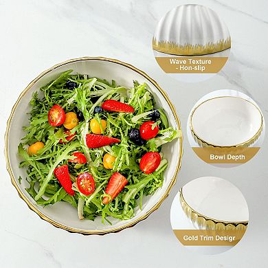 8" White Ceramic Salad Bowls with Trim, 60 Oz Capacity, for Soup, Salad, Pasta, Decorative