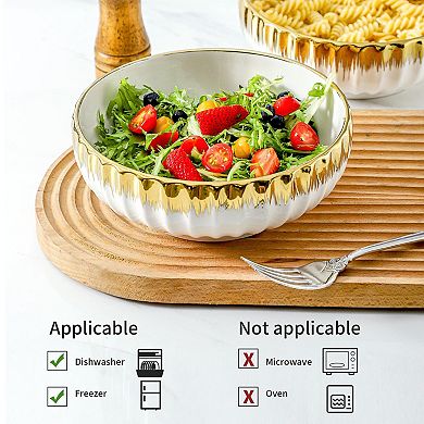 8" White Ceramic Salad Bowls with Trim, 60 Oz Capacity, for Soup, Salad, Pasta, Decorative