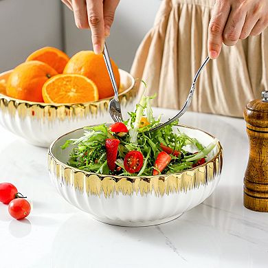 8" White Ceramic Salad Bowls with Trim, 60 Oz Capacity, for Soup, Salad, Pasta, Decorative