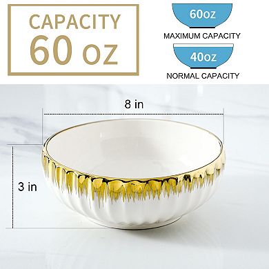 8" White Ceramic Salad Bowls with Trim, 60 Oz Capacity, for Soup, Salad, Pasta, Decorative