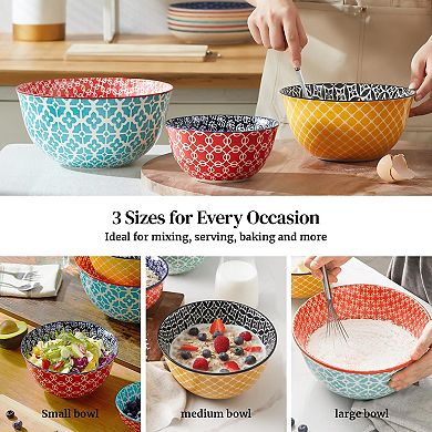 Colorful Ceramic Mixing Bowls: Vibrant Patterns, Nesting Sizes, Perfect for Cooking, Baking, Serving