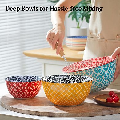 Colorful Ceramic Mixing Bowls: Vibrant Patterns, Nesting Sizes, Perfect for Cooking, Baking, Serving