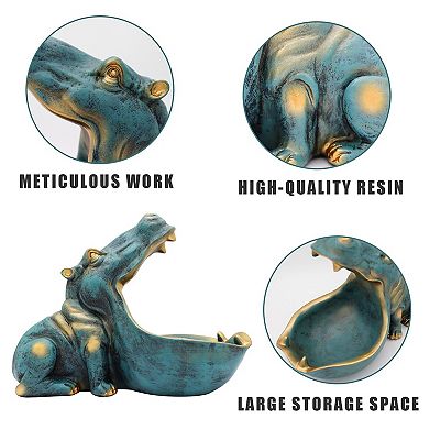Large Blue Hippo Statue with Candy Jar for Desk or Entryway Decor