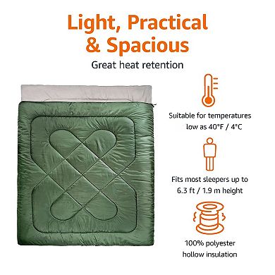 40°F Cold Weather Double Sleeping Bag, Queen Size XL 87"x59", Olive Green