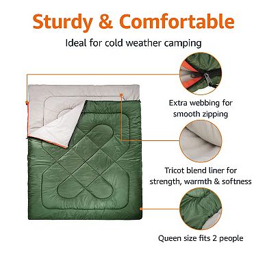 40°F Cold Weather Double Sleeping Bag, Queen Size XL 87"x59", Olive Green