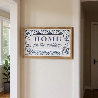 HomeRoots 10" X 19" Blue And White Home For The Holidays Wood Framed Art