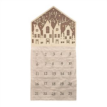 HomeRoots 35" X 17" Beige Christmas Advent Calendar Joy to the World Wood Hanging Wall Decor