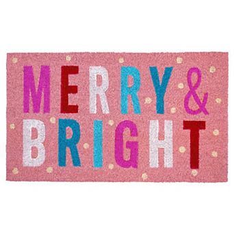 HomeRoots 17" X 29" Pink Blue And White Christmas Merry and Bright Outdoor Coir Door Mat