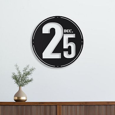 HomeRoots 24" X 24" Black Christmas Dec 25th Iron Circle Hanging Wall Decor