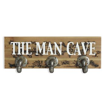 HomeRoots 12" X 27" Natural Silver And White Man Cave Metal And Wood Wall Decor With Hooks