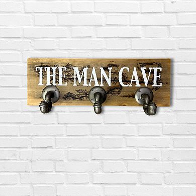 HomeRoots 12" X 27" Natural Silver And White Man Cave Metal And Wood Wall Decor With Hooks