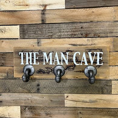 HomeRoots 12" X 27" Natural Silver And White Man Cave Metal And Wood Wall Decor With Hooks