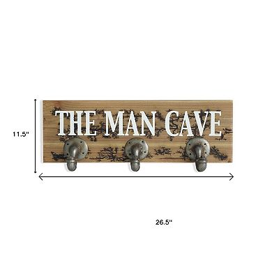 HomeRoots 12" X 27" Natural Silver And White Man Cave Metal And Wood Wall Decor With Hooks