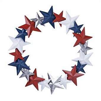 HomeRoots 18" Red White And Blue Metal Star Round Hanging Wreath Wall Decor