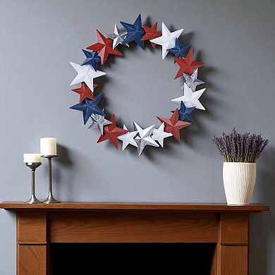 HomeRoots 18" Red White And Blue Metal Star Round Hanging Wreath Wall Decor
