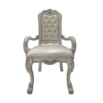 HomeRoots Set of Two Tufted White Upholstered Faux Leather And Wood Dining Arm Chairs