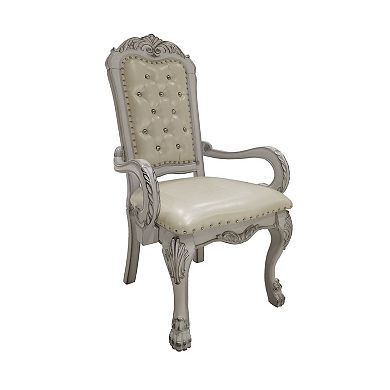 HomeRoots Set of Two Tufted White Upholstered Faux Leather And Wood Dining Arm Chairs
